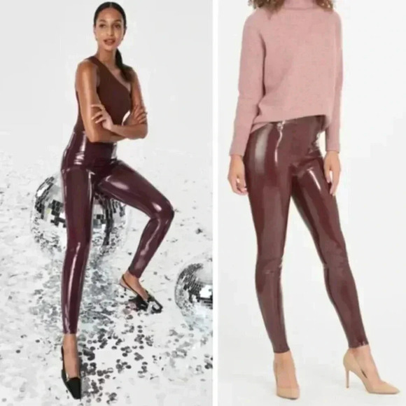 NEW Spanx Faux Patent Leather Leggings Ruby Red Shapewear Club Bodycon - Picture 1 of 8